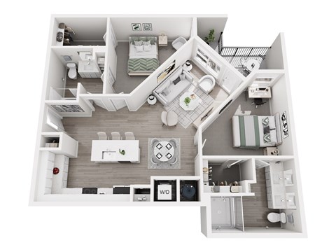 Floor plan layout of 1175 sf two-bedroom apartment with two bathrooms featuring dual shower and a balcony.